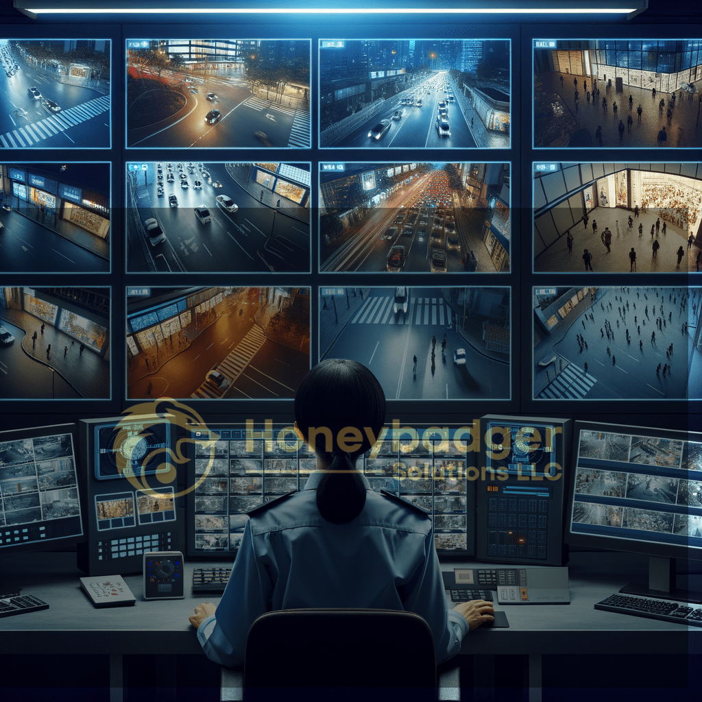 A surveillance control room displaying multiple monitors showing various camera feeds of city streets and pedestrian areas.