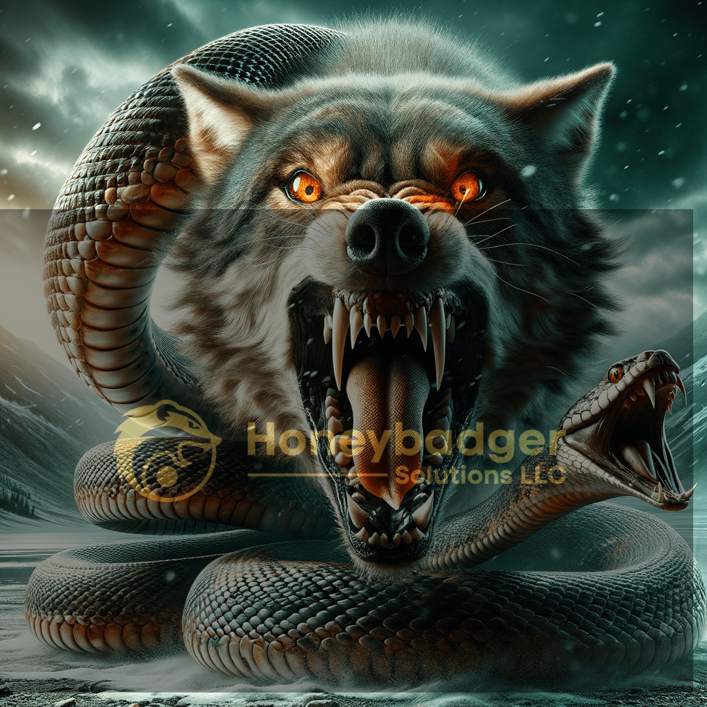 A hybrid creature with the head of a wolf and a snake body, depicted in a dramatic style.