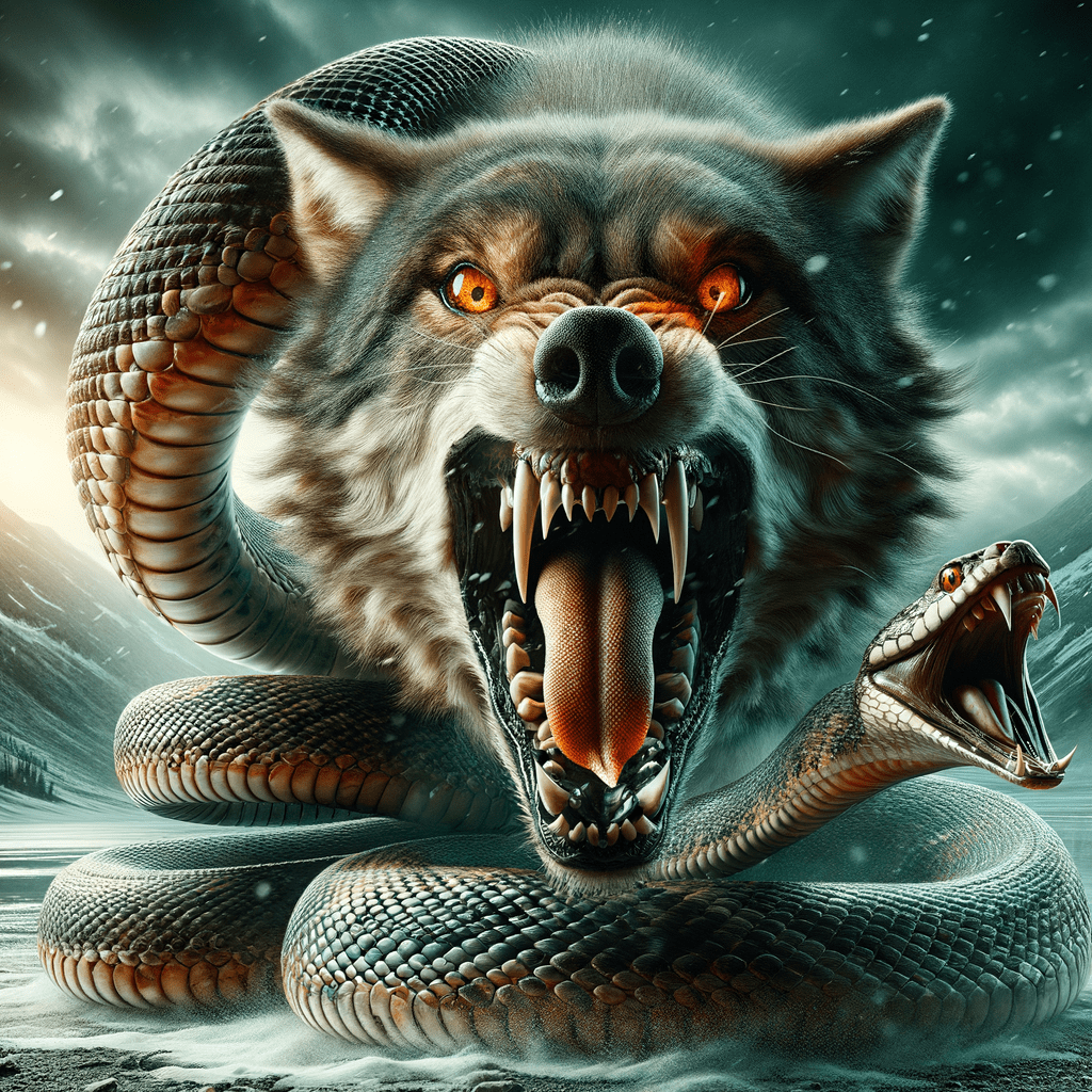 A hybrid creature with the head of a wolf and a snake body, depicted in a dramatic style.