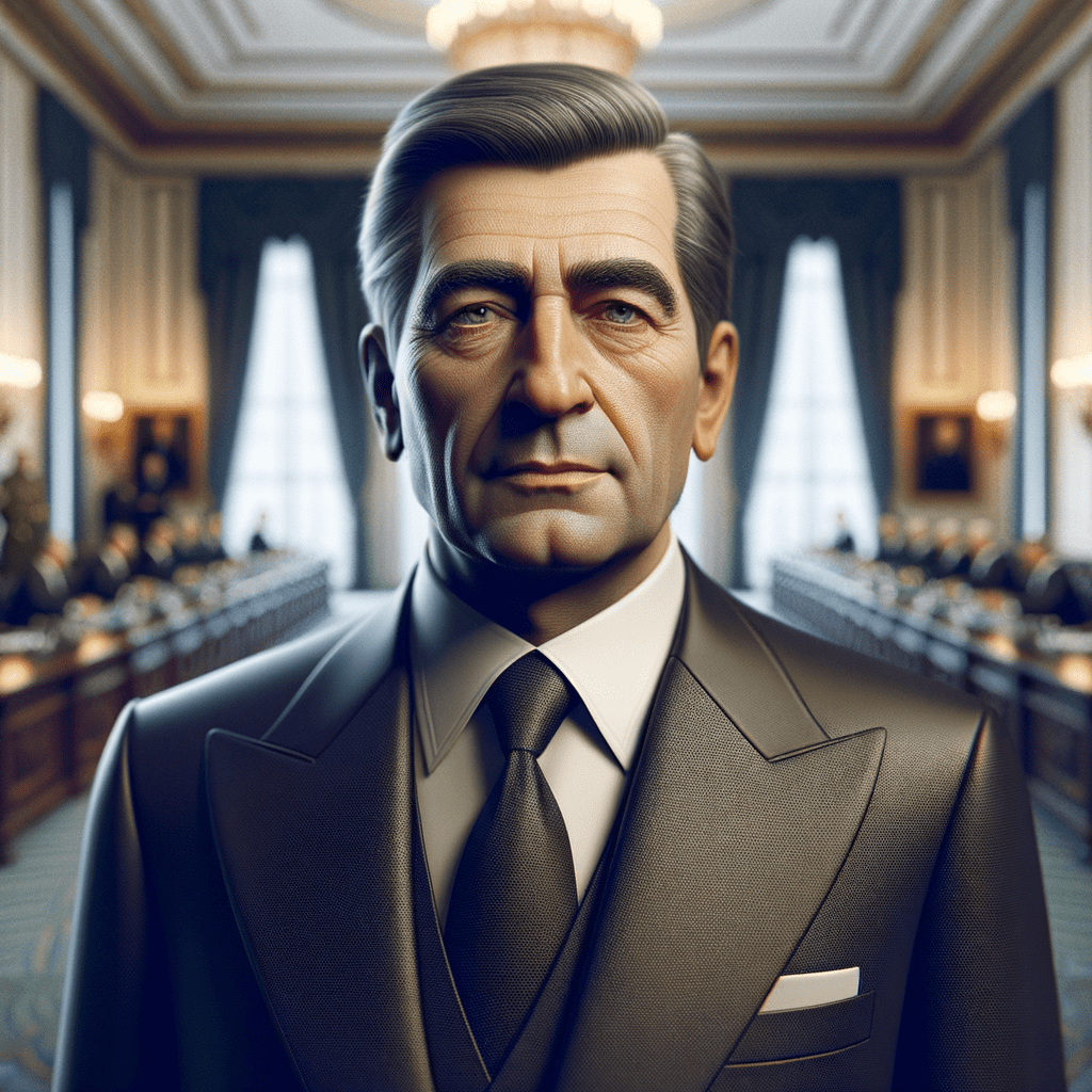 A formal portrait of a man in a dark suit and tie, with a serious expression in an elegant interior setting.