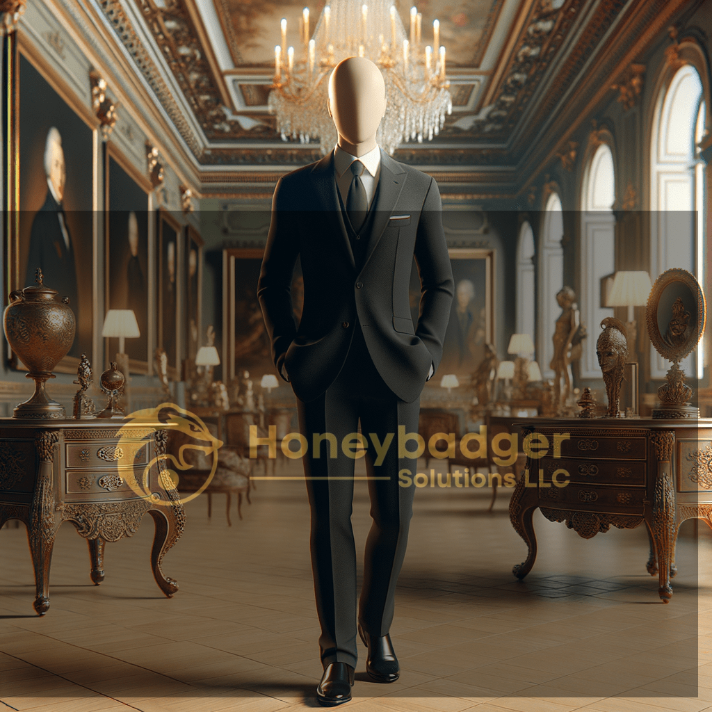 A mannequin dressed in a formal black suit and tie, positioned in an elegant room with chandeliers and artwork.