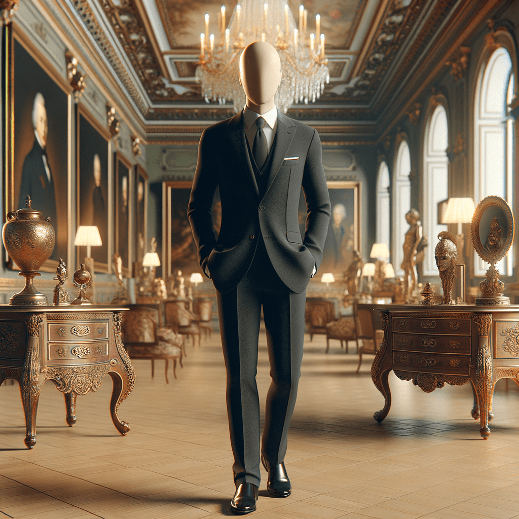 A mannequin dressed in a formal black suit and tie, positioned in an elegant room with chandeliers and artwork.