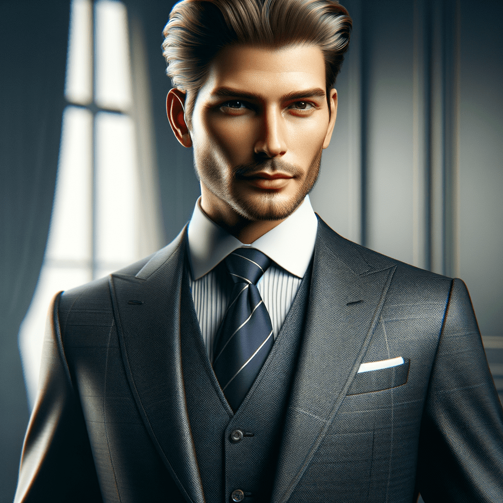A well-groomed man wearing a tailored dark suit with a striped shirt and tie, posing confidently.