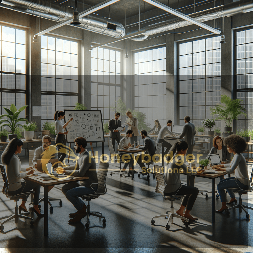 A modern workplace featuring collaborative spaces with multiple teams engaged in discussions and activities.