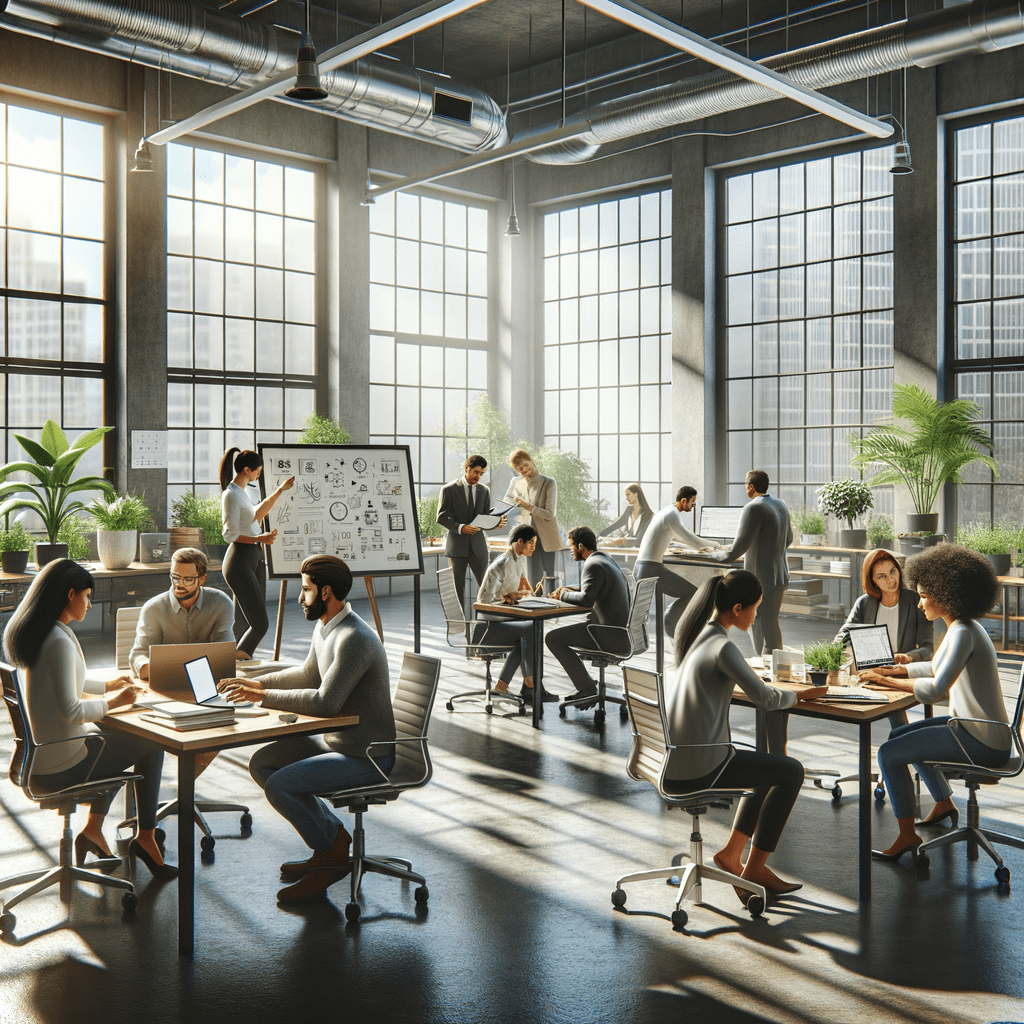 A modern workplace featuring collaborative spaces with multiple teams engaged in discussions and activities.