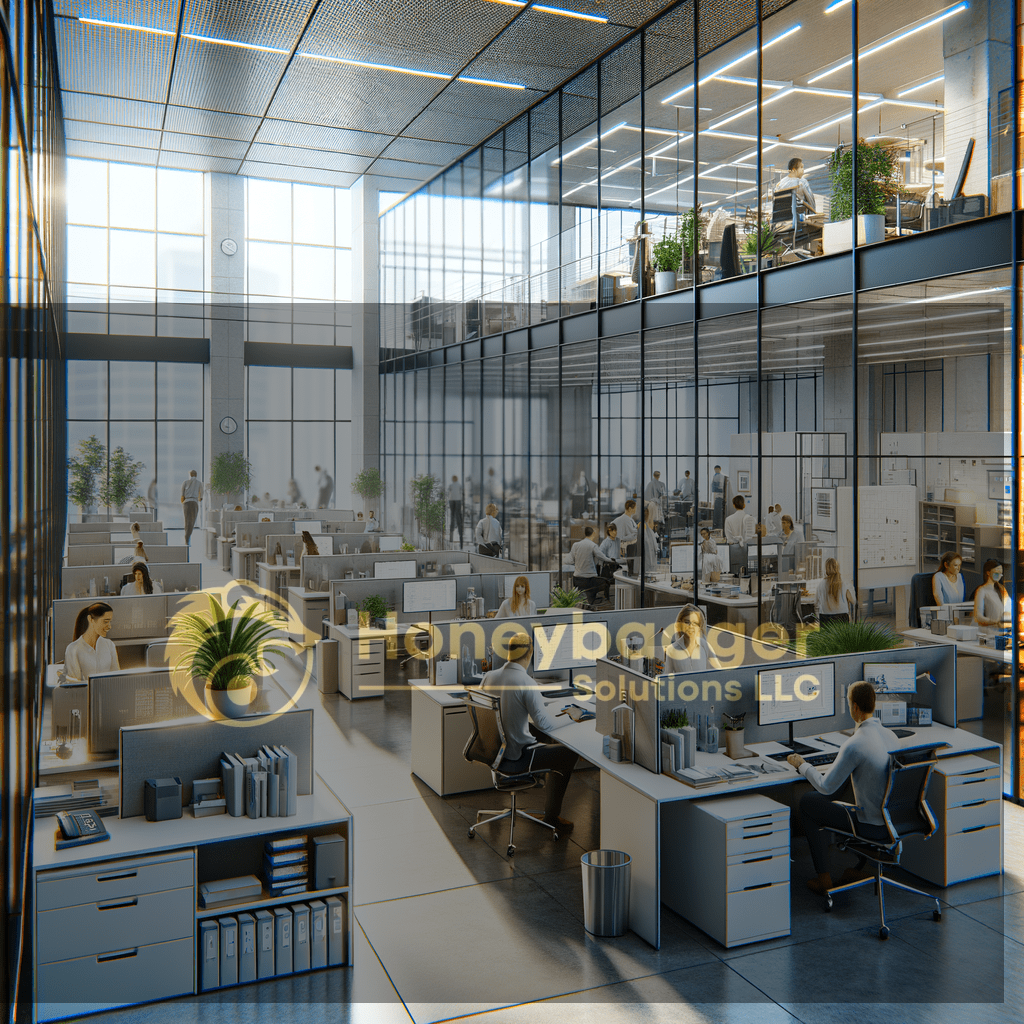 Bright and spacious modern office workspace with multiple workstations and plants.