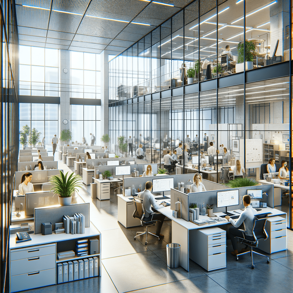 Bright and spacious modern office workspace with multiple workstations and plants.
