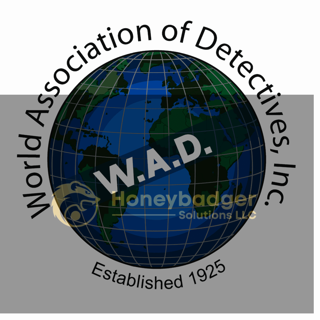 Logo of the World Association of Detectives featuring a globe and the acronym W.A.D.