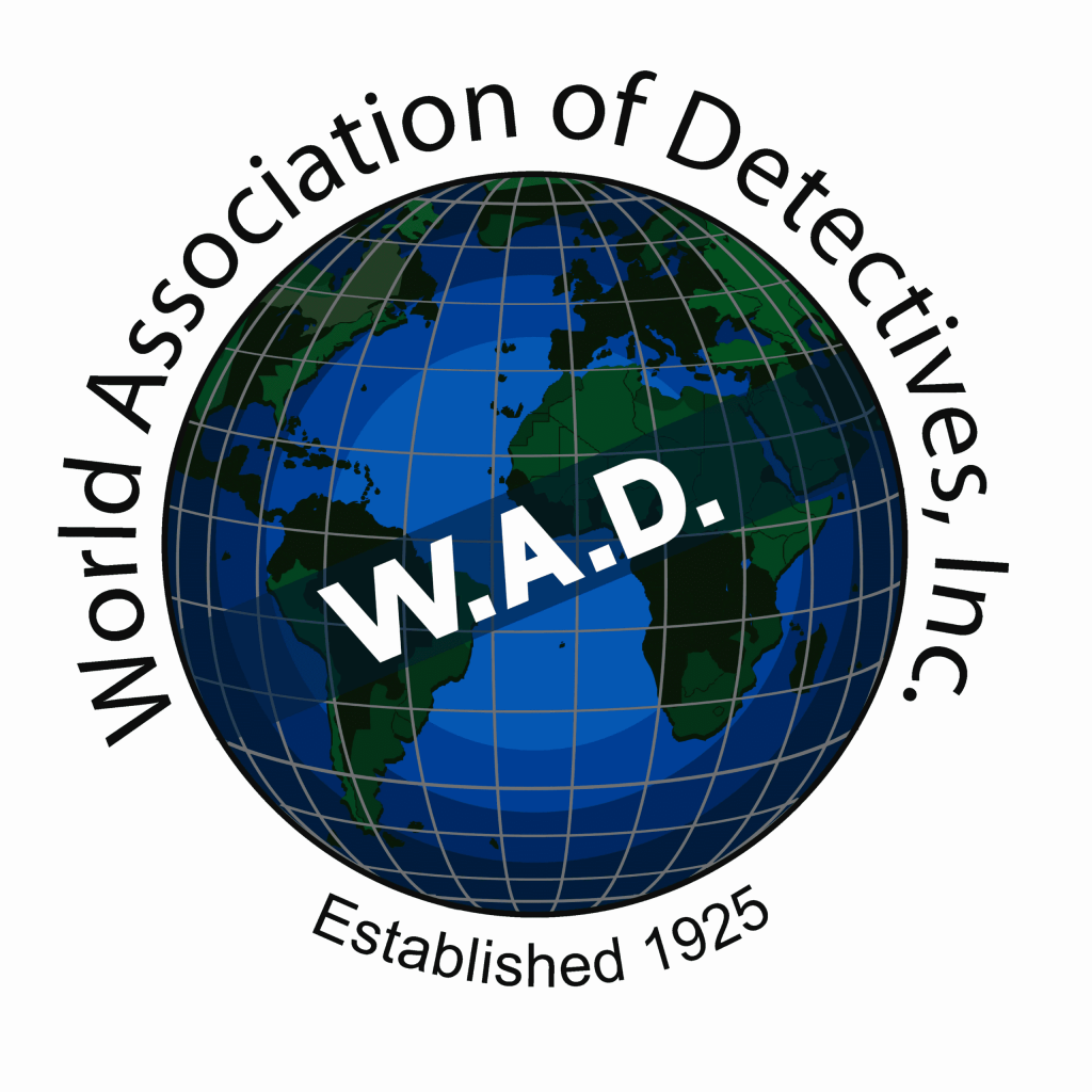 Logo of the World Association of Detectives featuring a globe and the acronym W.A.D.