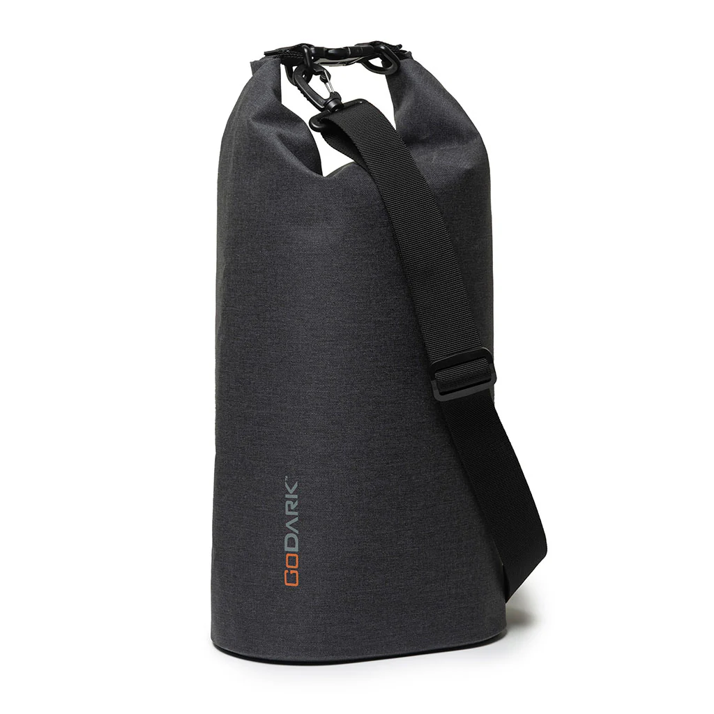 GODARK waterproof dry bag in dark gray color with adjustable shoulder strap.