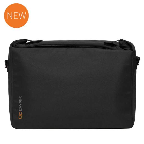 Black messenger bag from GODARK with a sleek design and zippered closure.