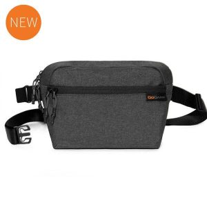 Dark gray crossbody bag with adjustable strap and zippered compartments.
