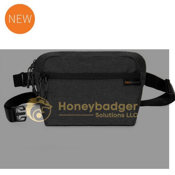 Dark gray crossbody bag with adjustable strap and zippered compartments.