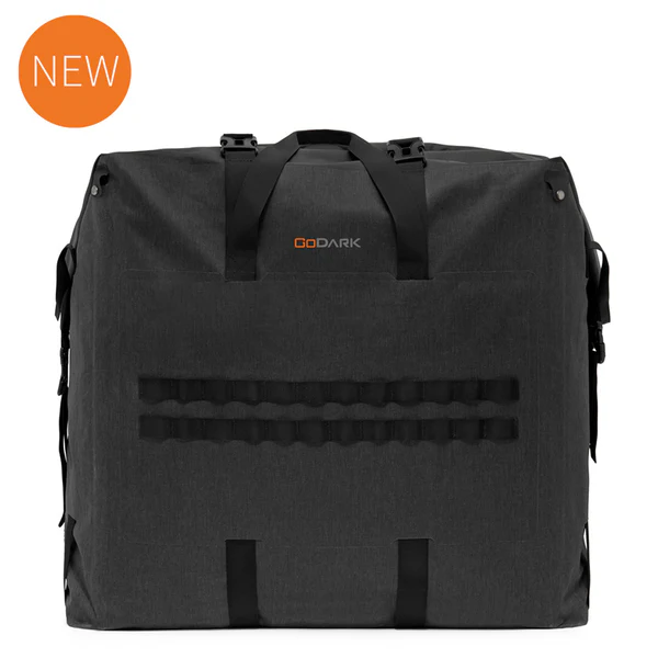 Black storage bag from GO DARK with multiple straps and a sturdy design.