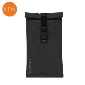 GO DARK waterproof pouch in black with a roll-top closure and buckle strap.