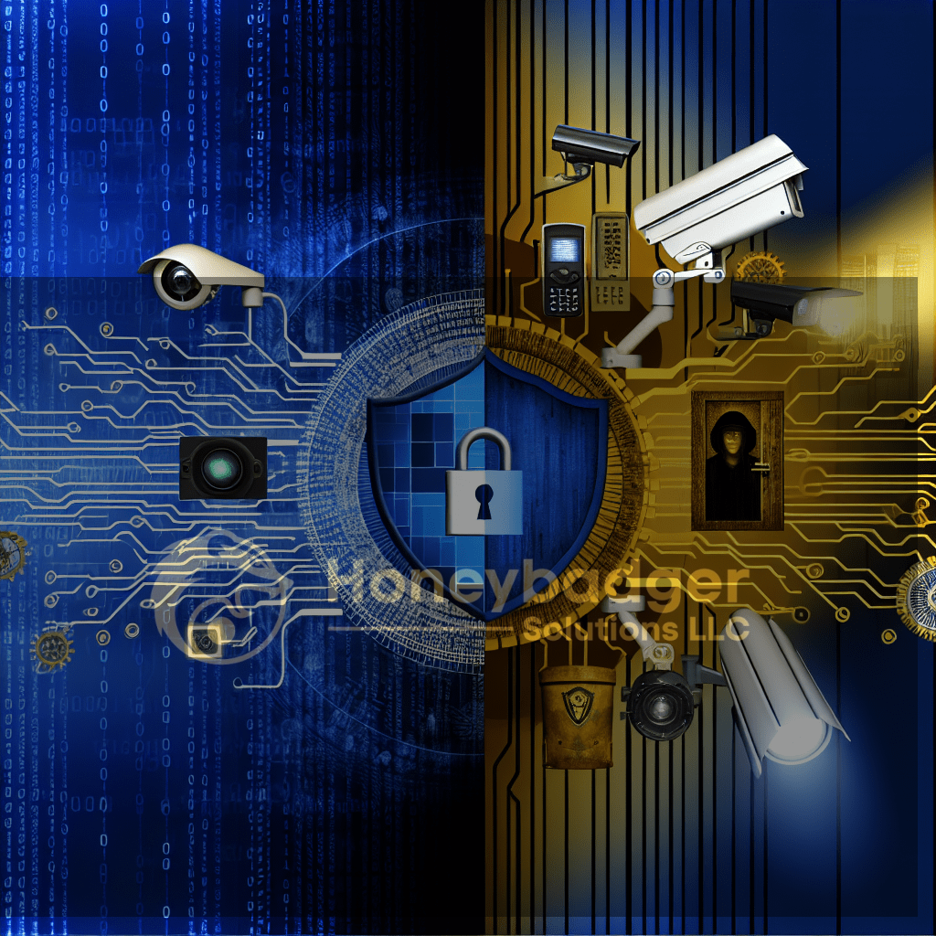 Digital security concept featuring a shield with a lock and various surveillance cameras on a blue and gold background.