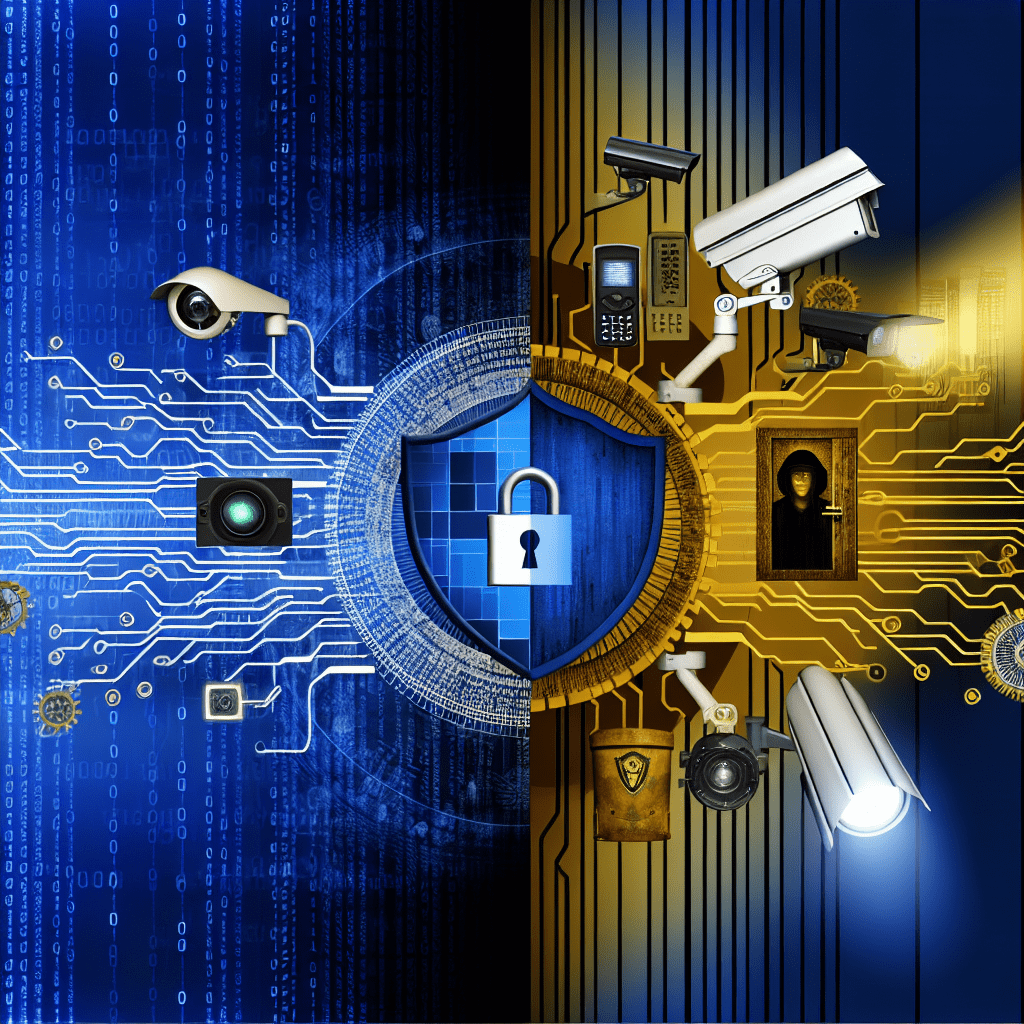 Digital security concept featuring a shield with a lock and various surveillance cameras on a blue and gold background.