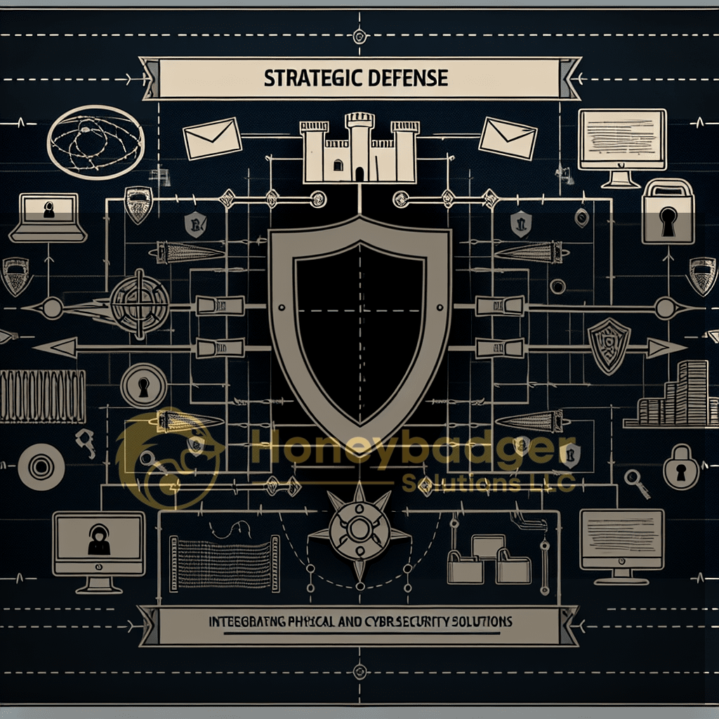Graphic representation of strategic defense concepts integrating physical and cybersecurity solutions.