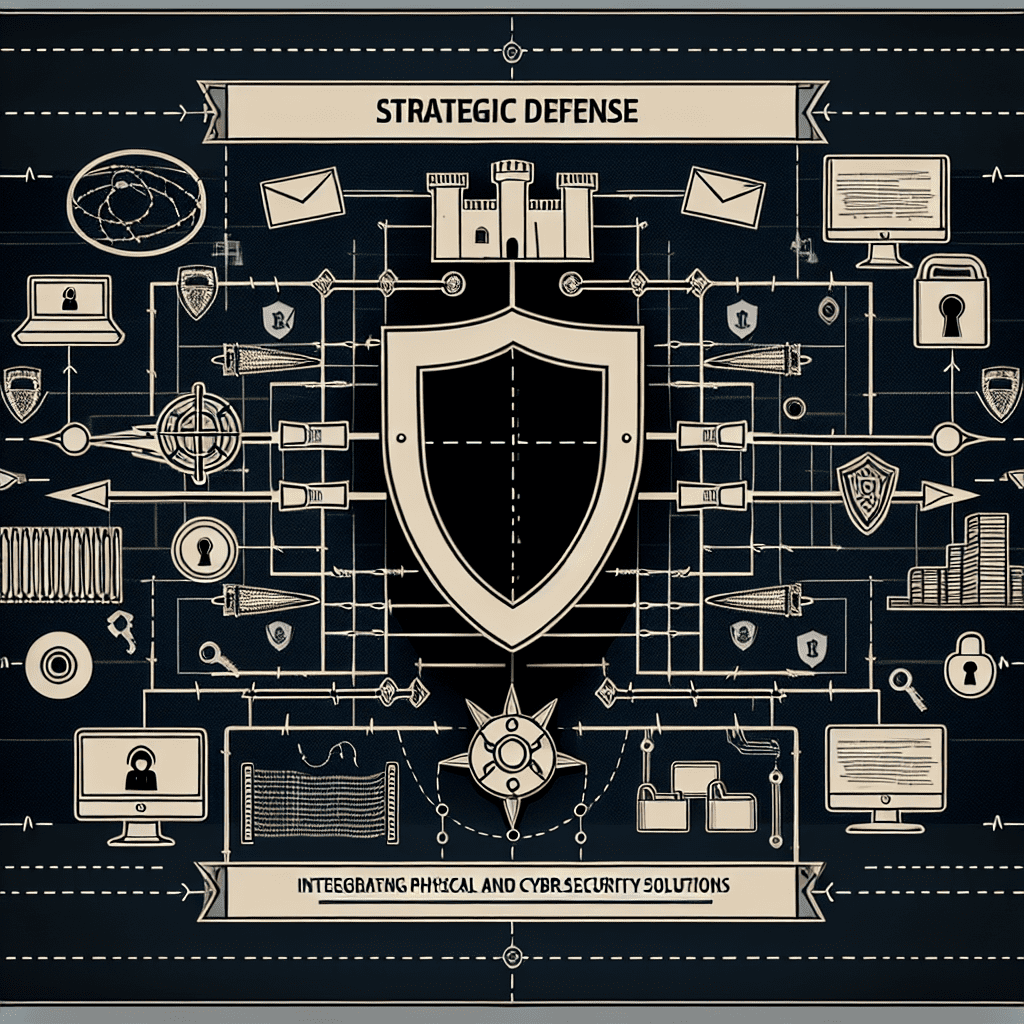 Graphic representation of strategic defense concepts integrating physical and cybersecurity solutions.