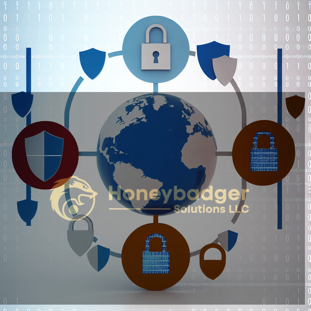 Illustration of a globe surrounded by security shields and padlocks representing global network security.