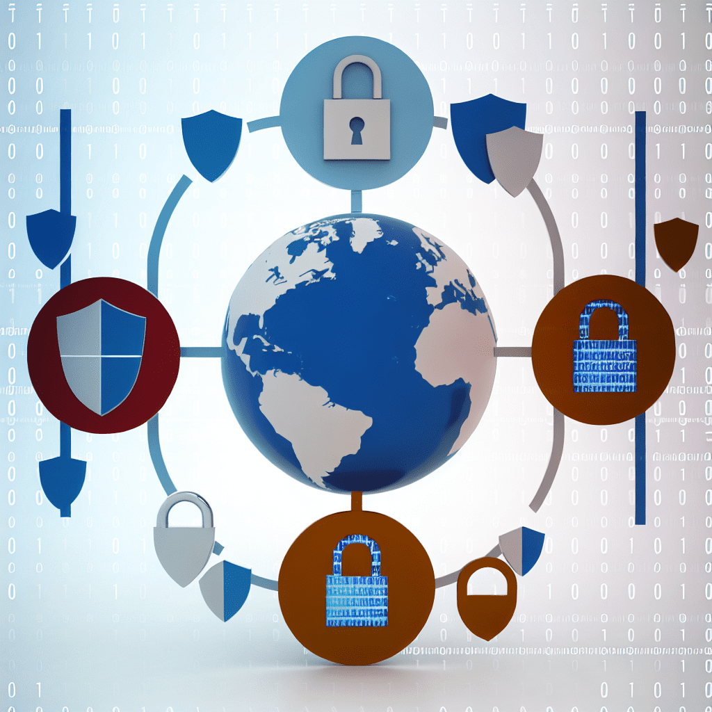 Illustration of a globe surrounded by security shields and padlocks representing global network security.