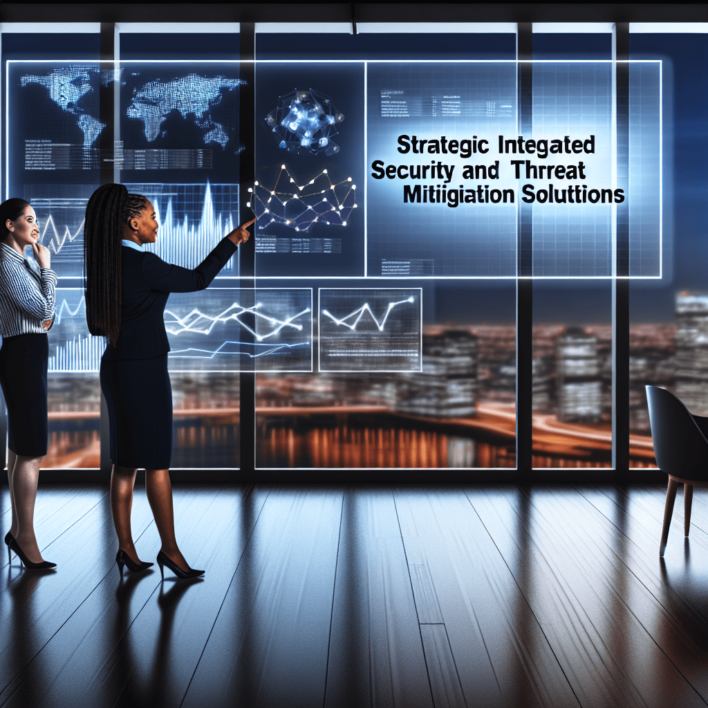 Two business professionals discussing strategic integrated security and threat mitigation solutions in an office setting.