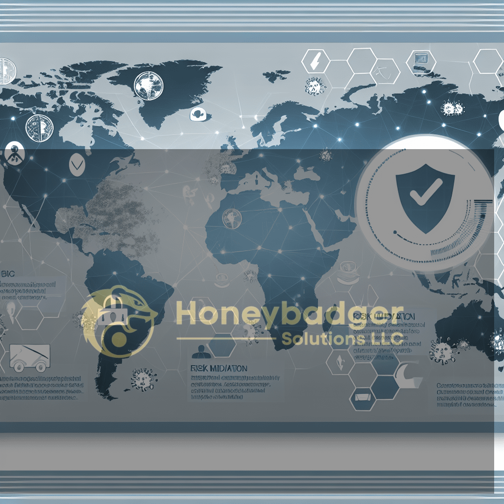 World map displaying various icons related to risk mitigation and security measures in a digital format.