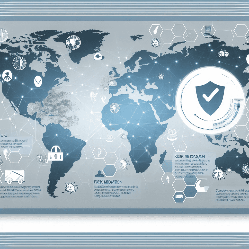 World map displaying various icons related to risk mitigation and security measures in a digital format.