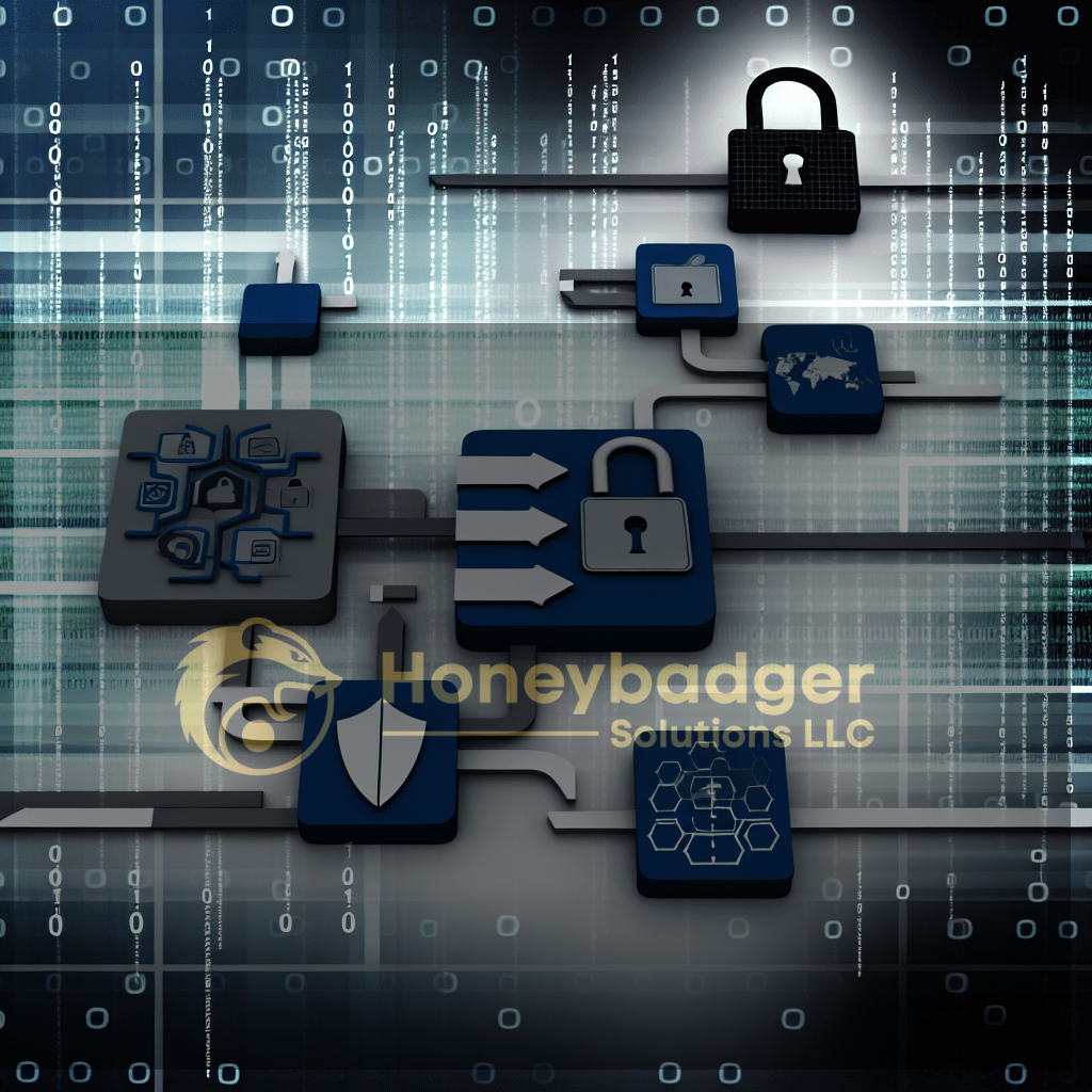 Graphic representation of digital security featuring locks, icons, and binary code elements.