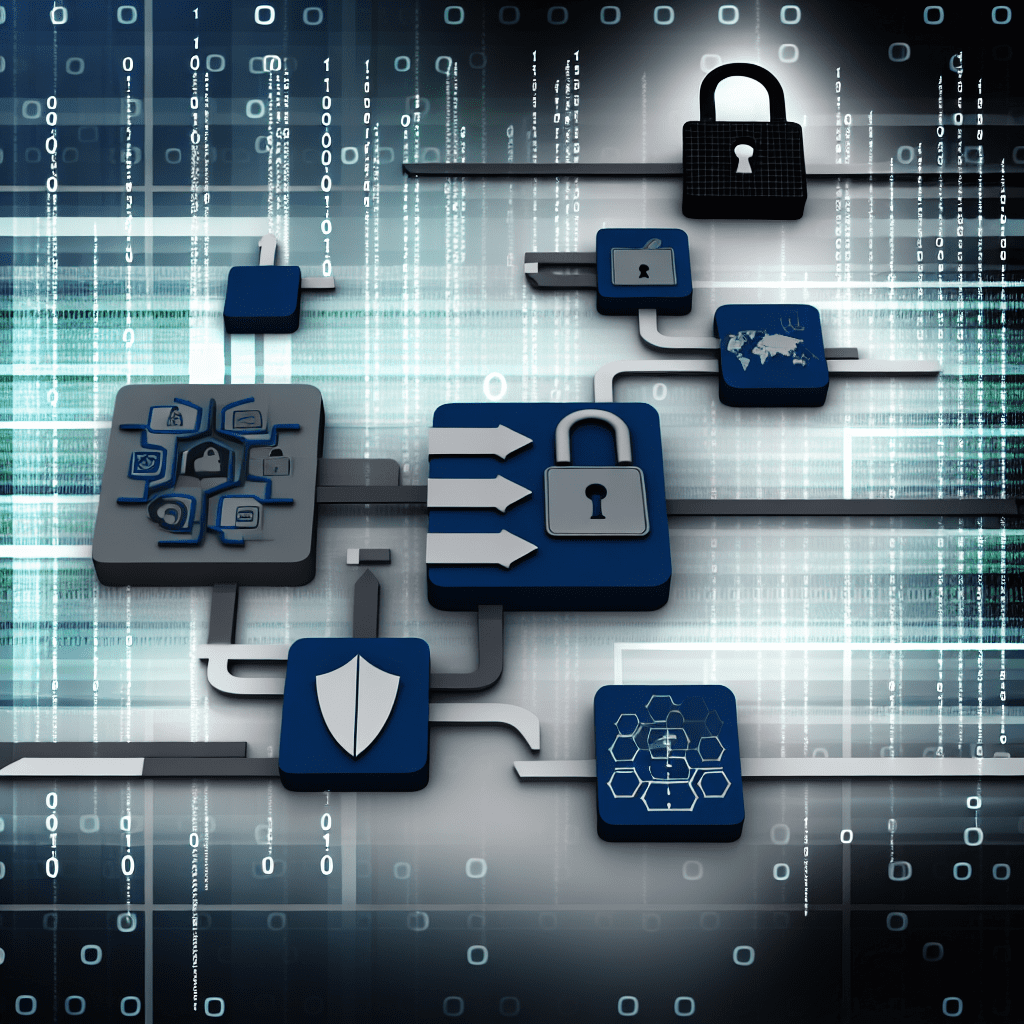 Graphic representation of digital security featuring locks, icons, and binary code elements.