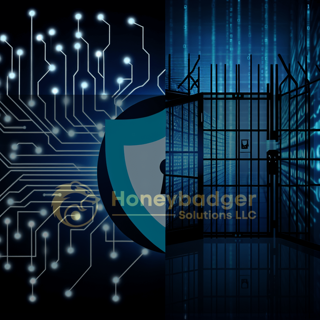 Graphic representation of digital security featuring a shield and a gate with binary code in the background.