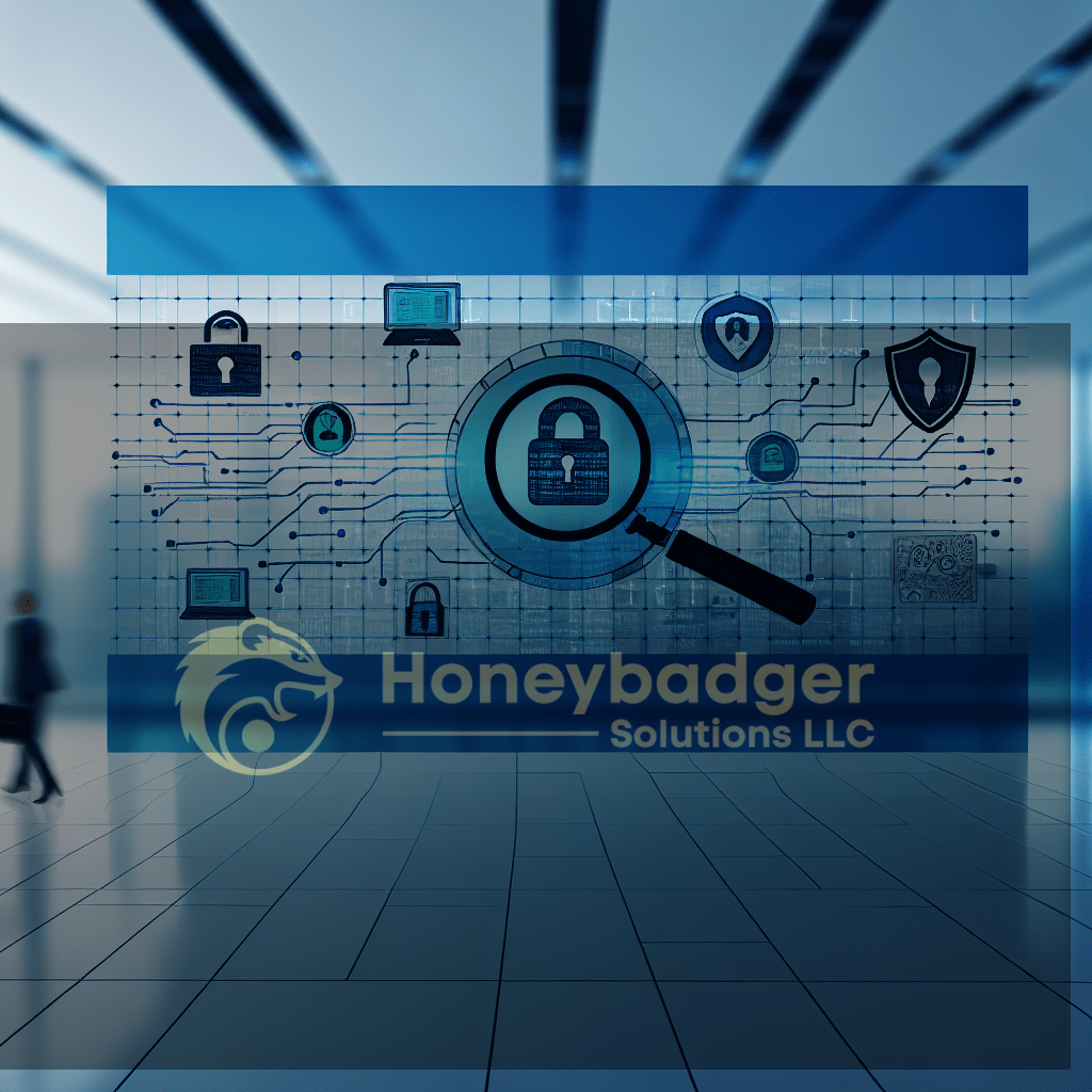 Digital representation of security features including a lock, magnifying glass, and various icons on a blue background.