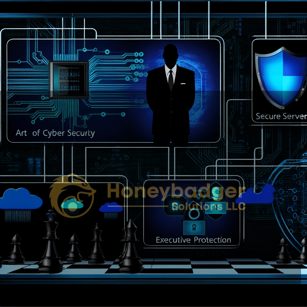 Digital representation of cyber security concepts with chess pieces on a board and various icons.
