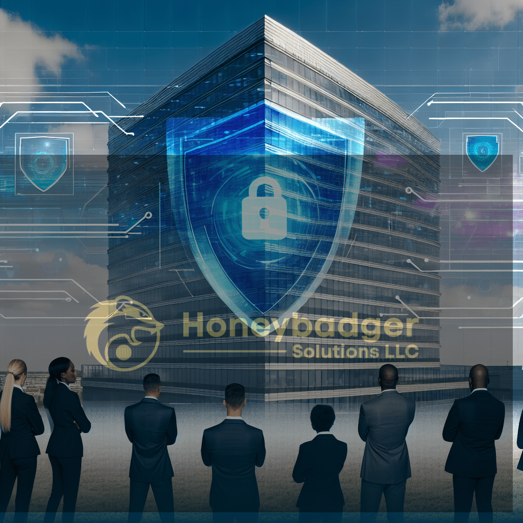A modern office building with a digital shield symbolizing cybersecurity in front of a group of professionals.