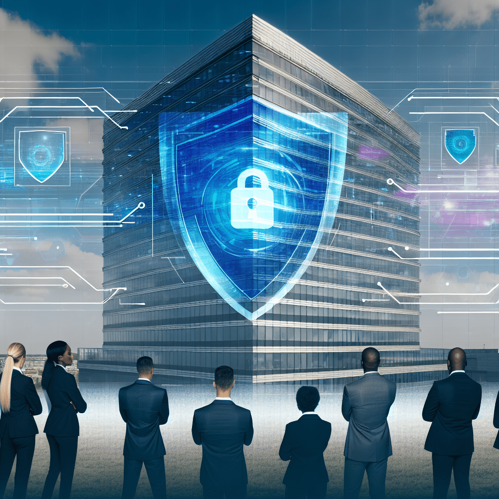 A modern office building with a digital shield symbolizing cybersecurity in front of a group of professionals.