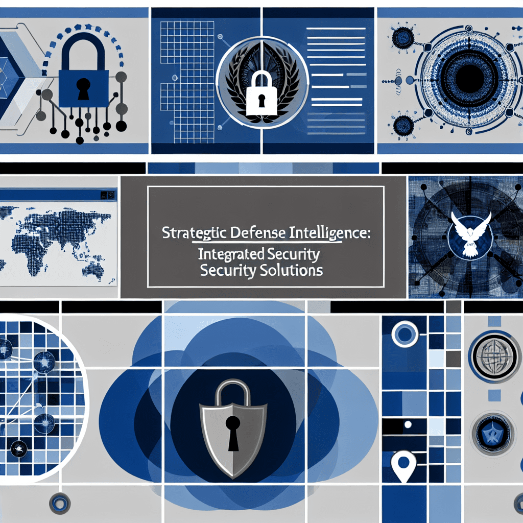 Graphic representation of strategic defense intelligence and integrated security solutions with various security icons and patterns.