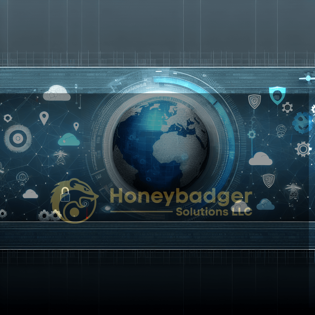 A digital representation of the Earth surrounded by technology-related icons and symbols.