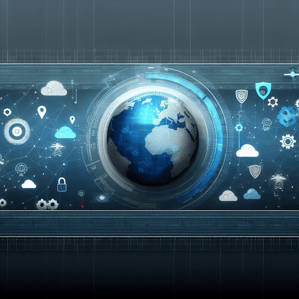 A digital representation of the Earth surrounded by technology-related icons and symbols.