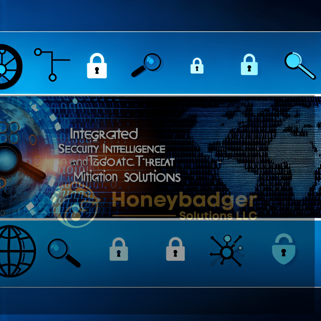 Graphic representation of integrated security intelligence and threat mitigation solutions with icons and digital elements.