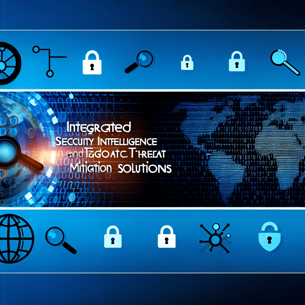 Graphic representation of integrated security intelligence and threat mitigation solutions with icons and digital elements.