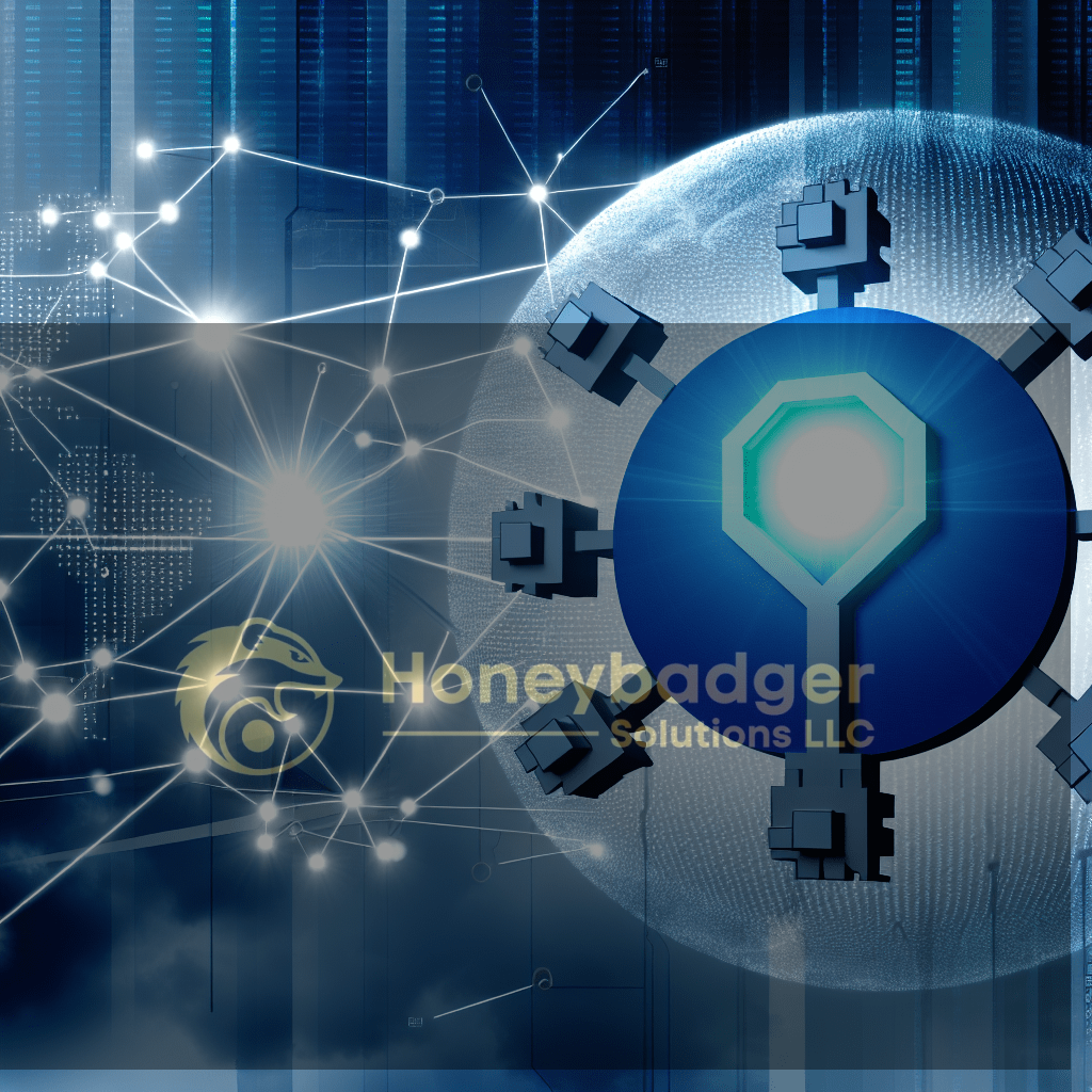 Abstract representation of a digital network with interconnected nodes and a central glowing element.