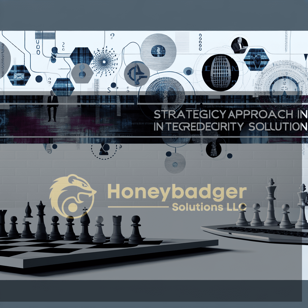 Chessboard displaying black and white pieces with abstract strategic design elements in the background.