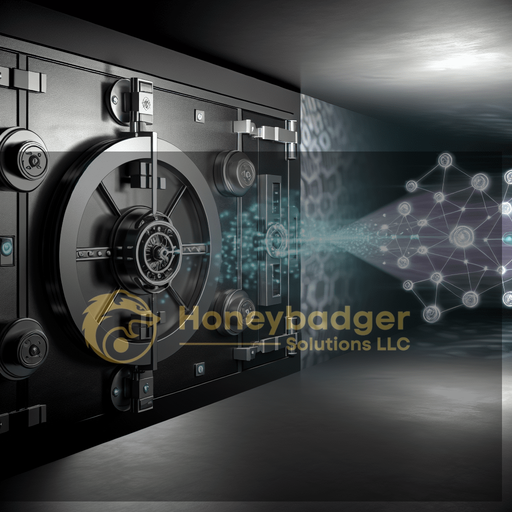 A black safe with multiple locks and a digital connection emitting light in a dark environment.