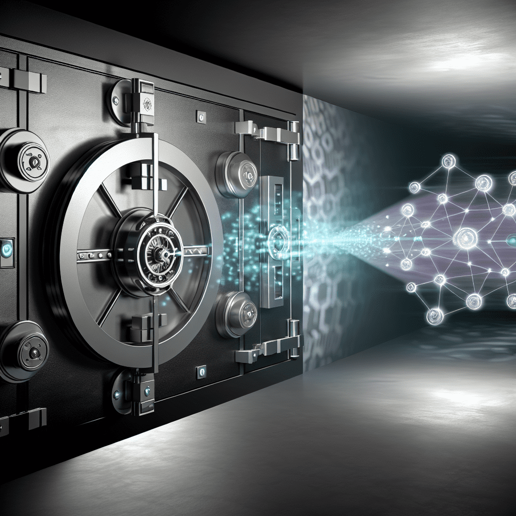 A black safe with multiple locks and a digital connection emitting light in a dark environment.