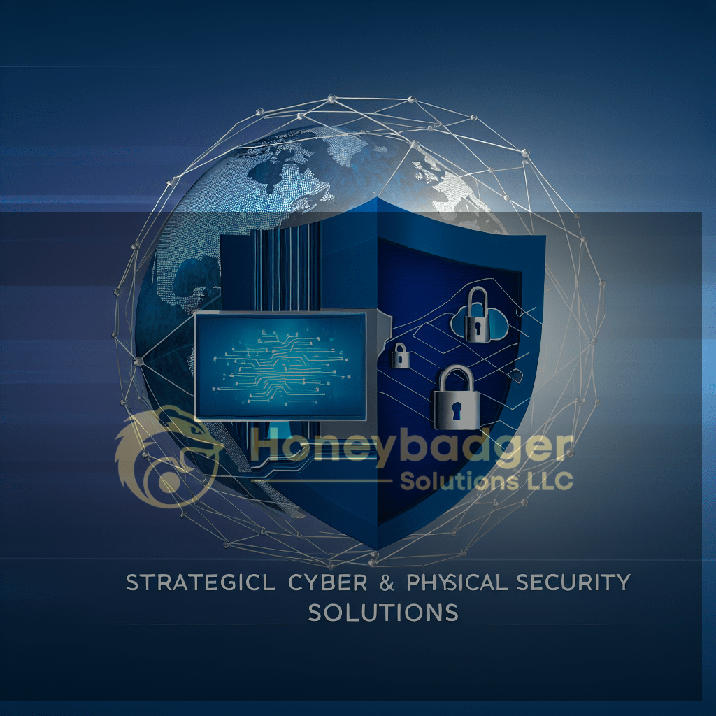 Graphic representation of strategic cyber and physical security solutions with a shield and computer elements.