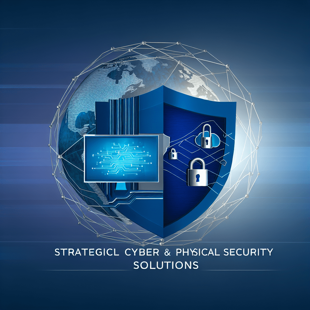 Graphic representation of strategic cyber and physical security solutions with a shield and computer elements.