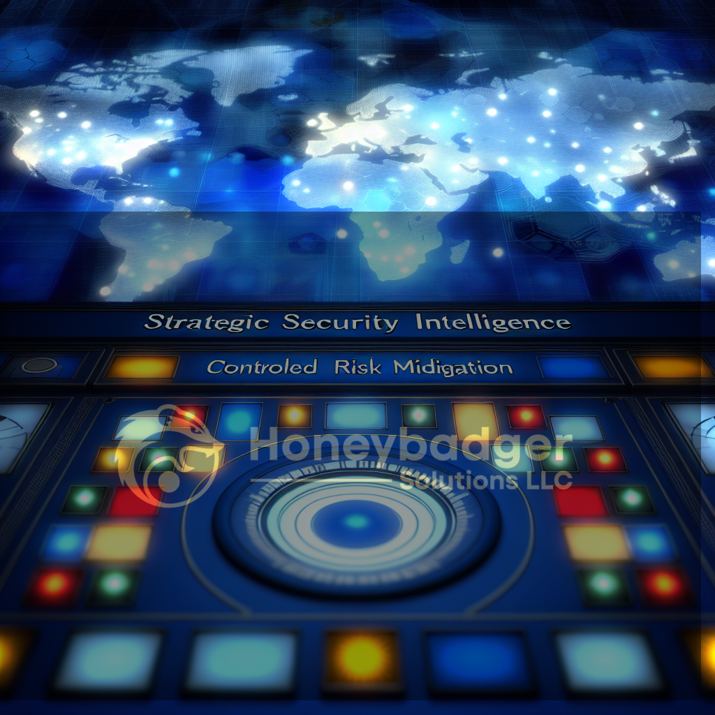 World map displaying lights and a control interface for Strategic Security Intelligence and Controlled Risk Mitigation.