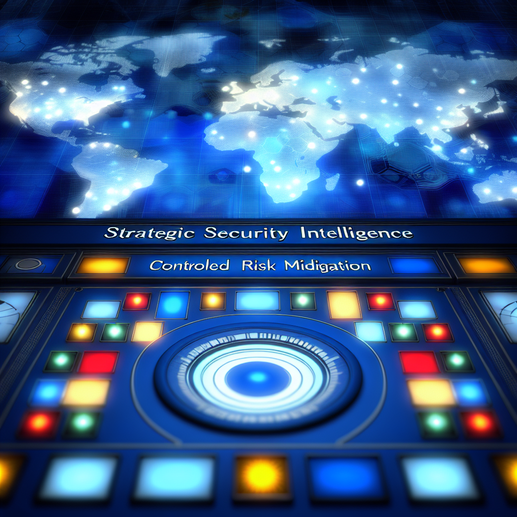 World map displaying lights and a control interface for Strategic Security Intelligence and Controlled Risk Mitigation.