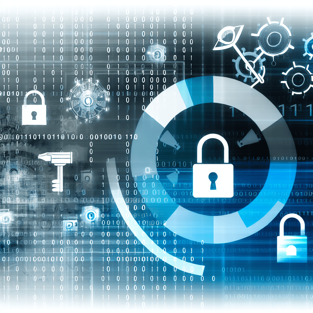 Digital illustration of a padlock with binary code and security icons in the background.