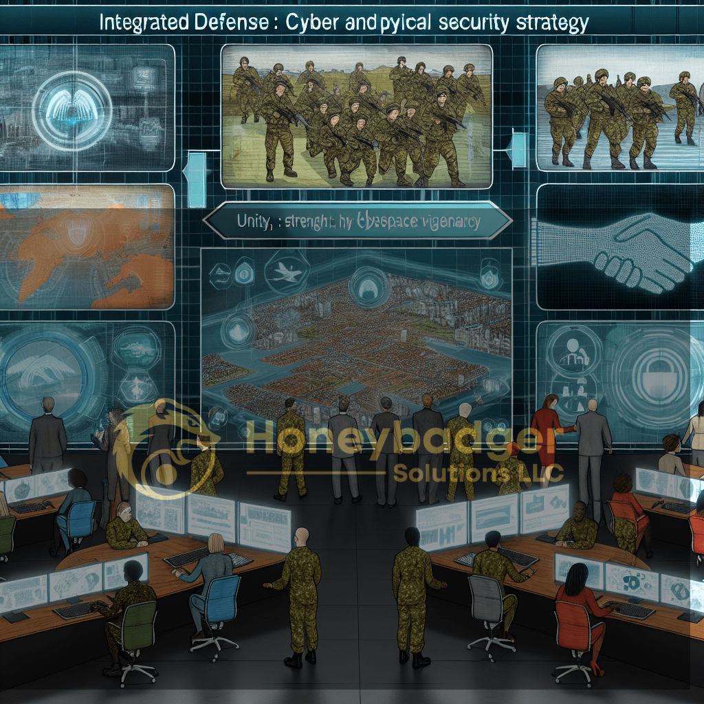 Visual representation of an integrated defense strategy focusing on cyber and physical security with military personnel and technology.